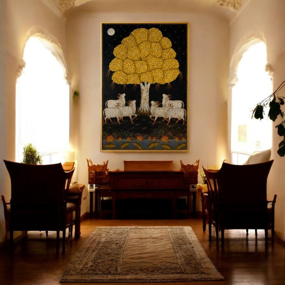 Sharad Purnima Moonlight: Traditional Golden Kadamba Tree Pichwai Art (24 x 36 Inches)