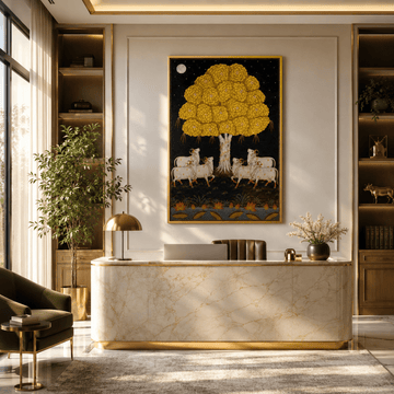 Sharad Purnima Moonlight: Traditional Golden Kadamba Tree Pichwai Art (24 x 36 Inches)