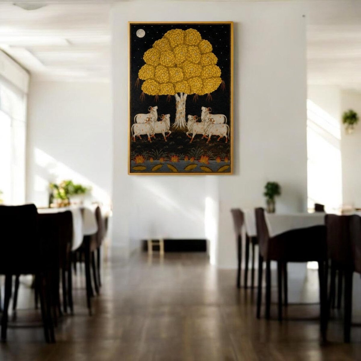 Sharad Purnima Moonlight: Traditional Golden Kadamba Tree Pichwai Art (24 x 36 Inches)