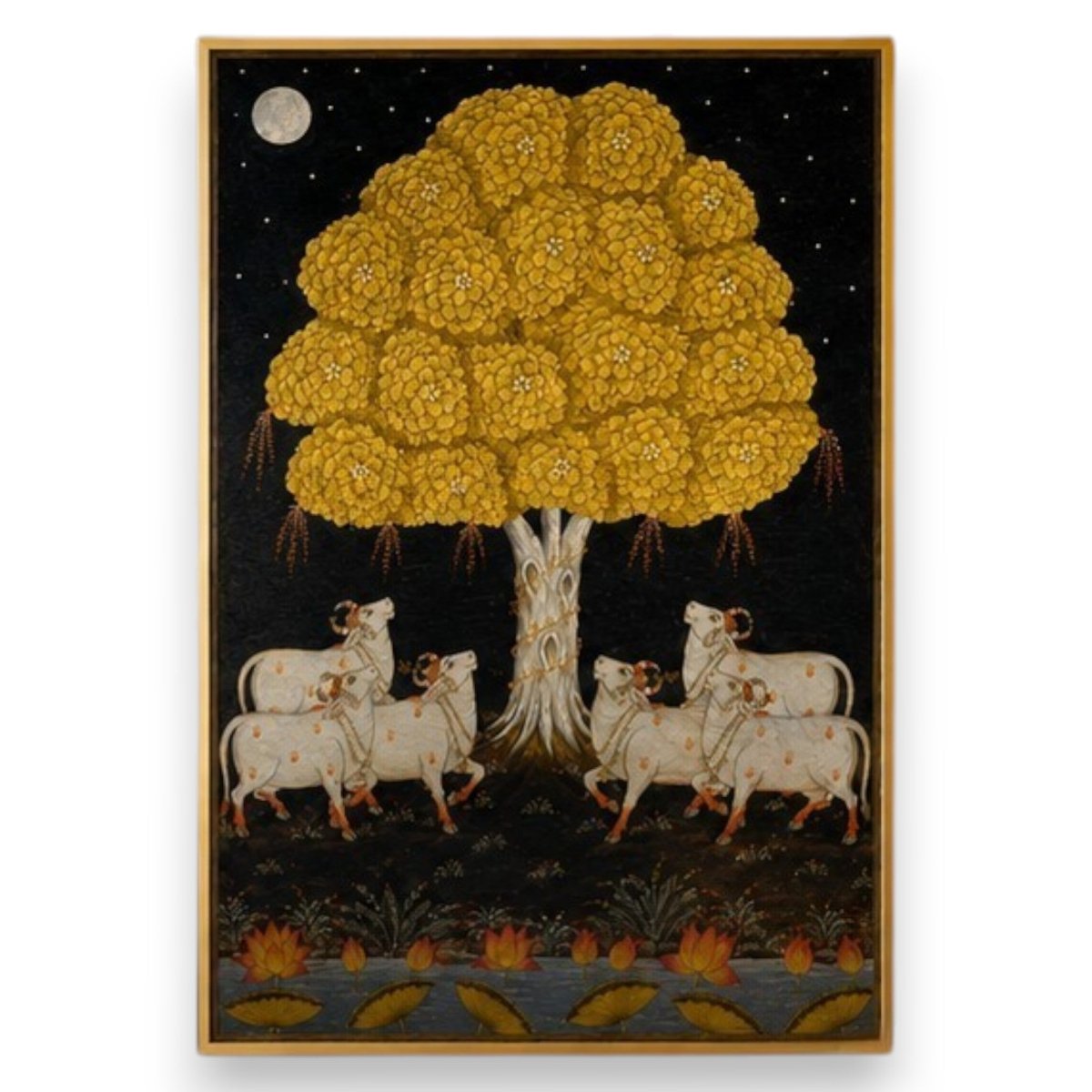 Sharad Purnima Moonlight: Traditional Golden Kadamba Tree Pichwai Art (24 x 36 Inches)