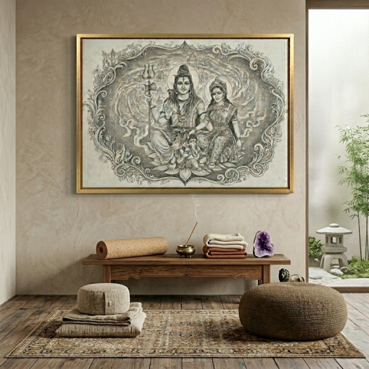 Shiv Shakti Parivar: Adi - Yogi Darshan: The Celestial Charcoal - Style Family Portrait (36 x 24 Inches)