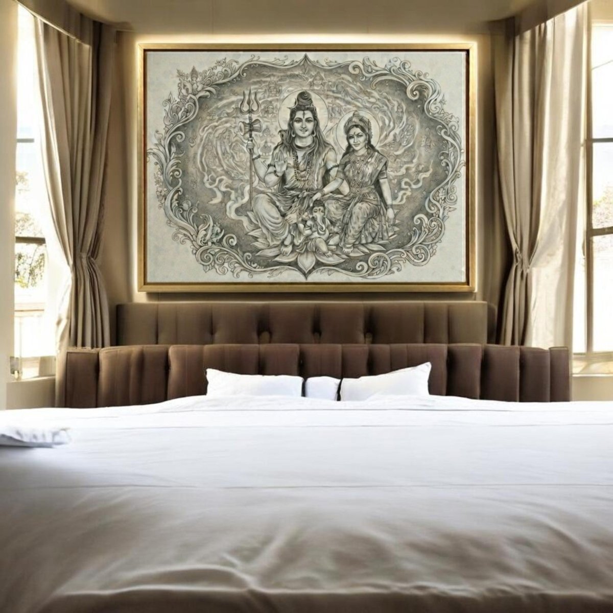 Shiv Shakti Parivar: Adi - Yogi Darshan: The Celestial Charcoal - Style Family Portrait (36 x 24 Inches)