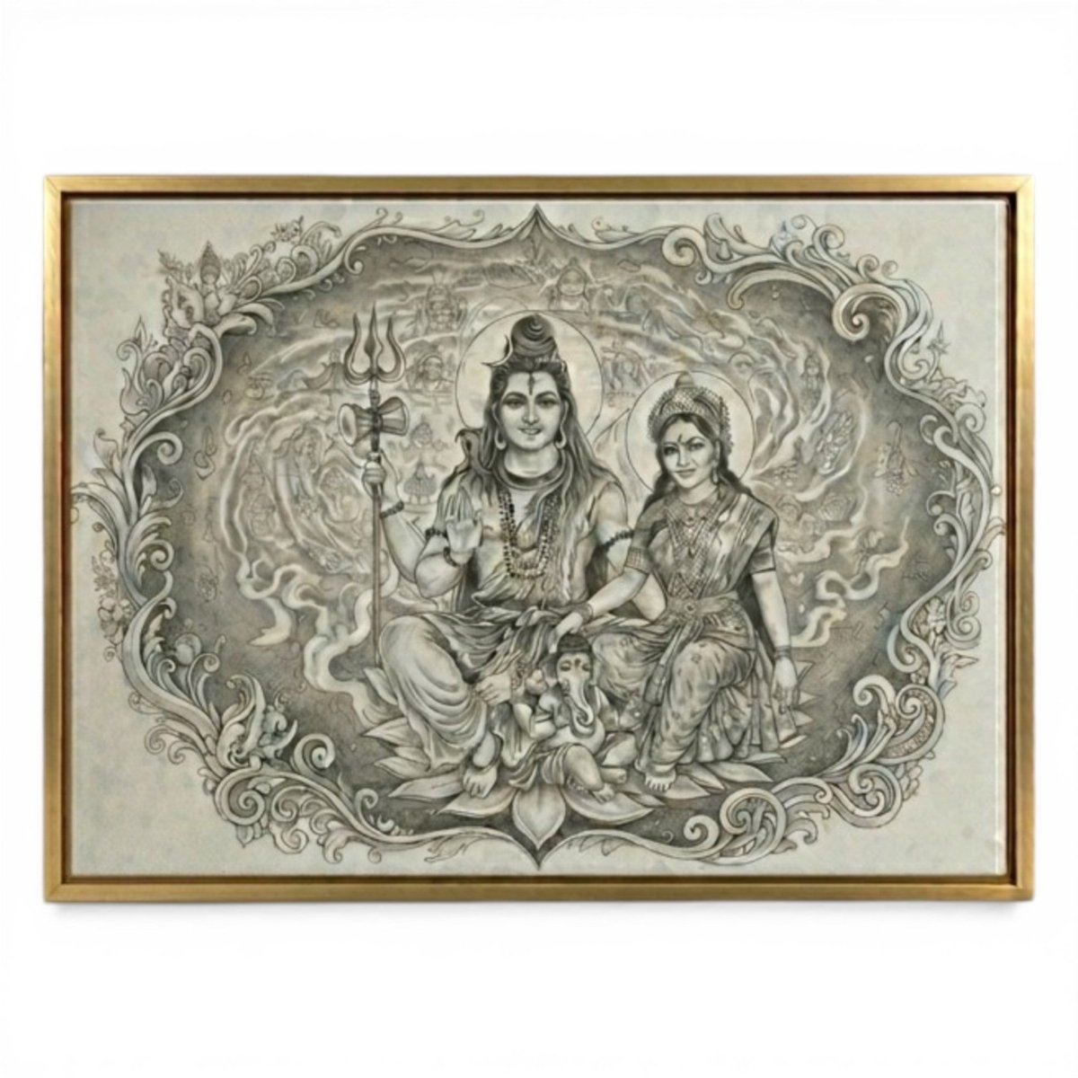 Shiv Shakti Parivar: Adi - Yogi Darshan: The Celestial Charcoal - Style Family Portrait (36 x 24 Inches)
