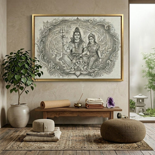 Shiv Shakti Parivar: Adi - Yogi Darshan: The Celestial Charcoal - Style Family Portrait (36 x 24 Inches)