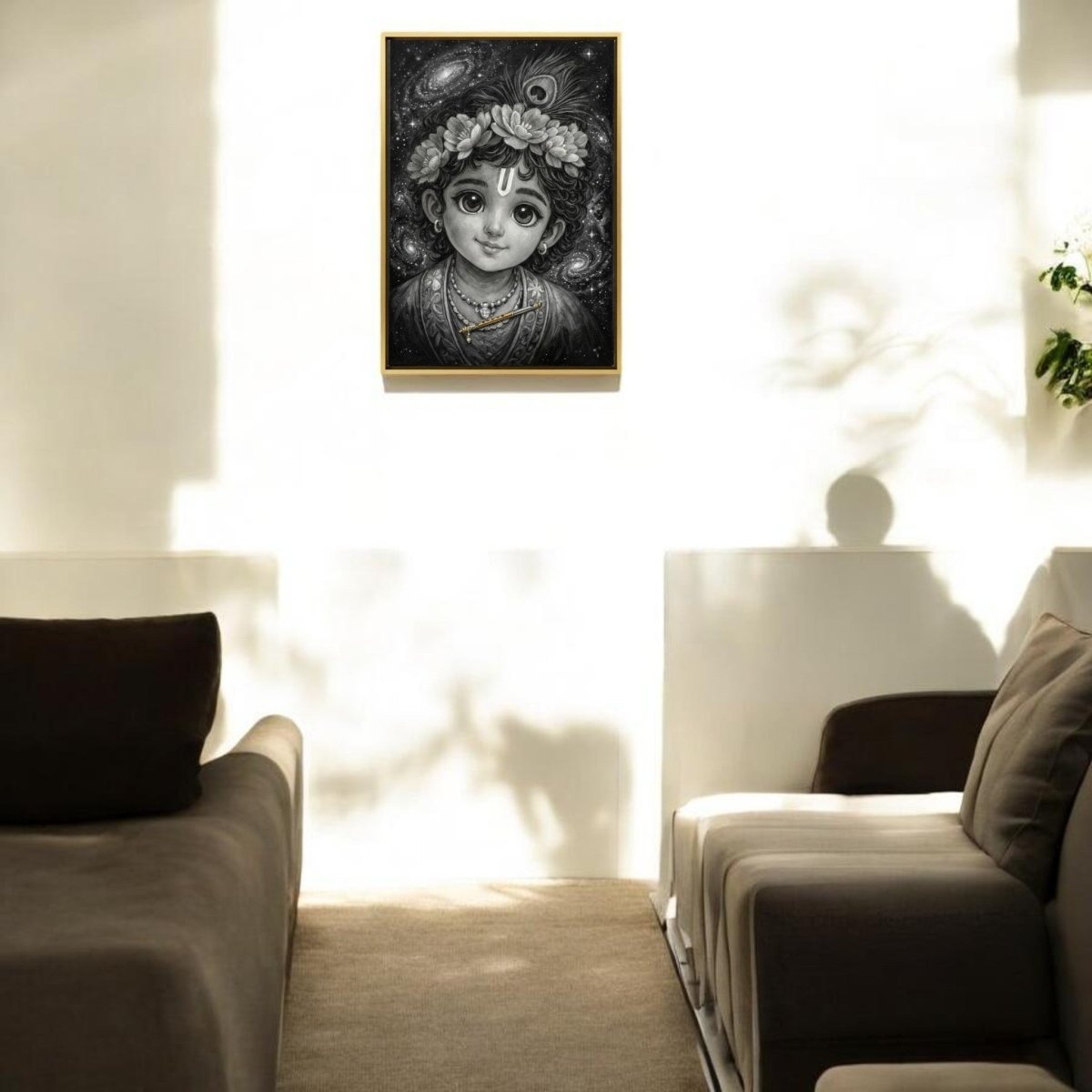 Shyamasundara’s Galaxy: Traditional Krishna Art with Golden Flute (24 x 36 Inches)