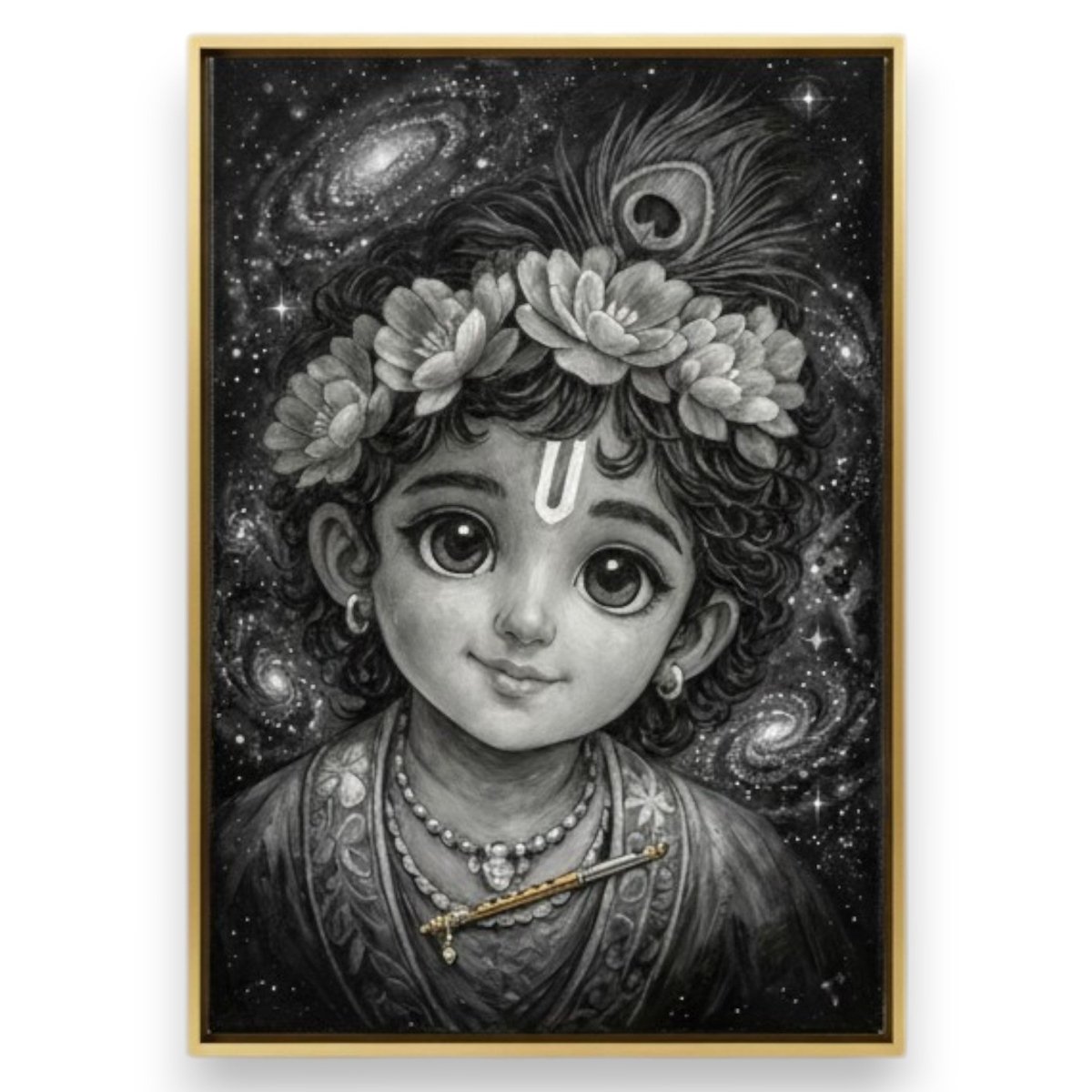 Shyamasundara’s Galaxy: Traditional Krishna Art with Golden Flute (24 x 36 Inches)
