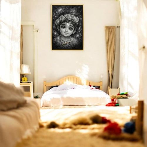 Shyamasundara’s Galaxy: Traditional Krishna Art with Golden Flute (24 x 36 Inches)