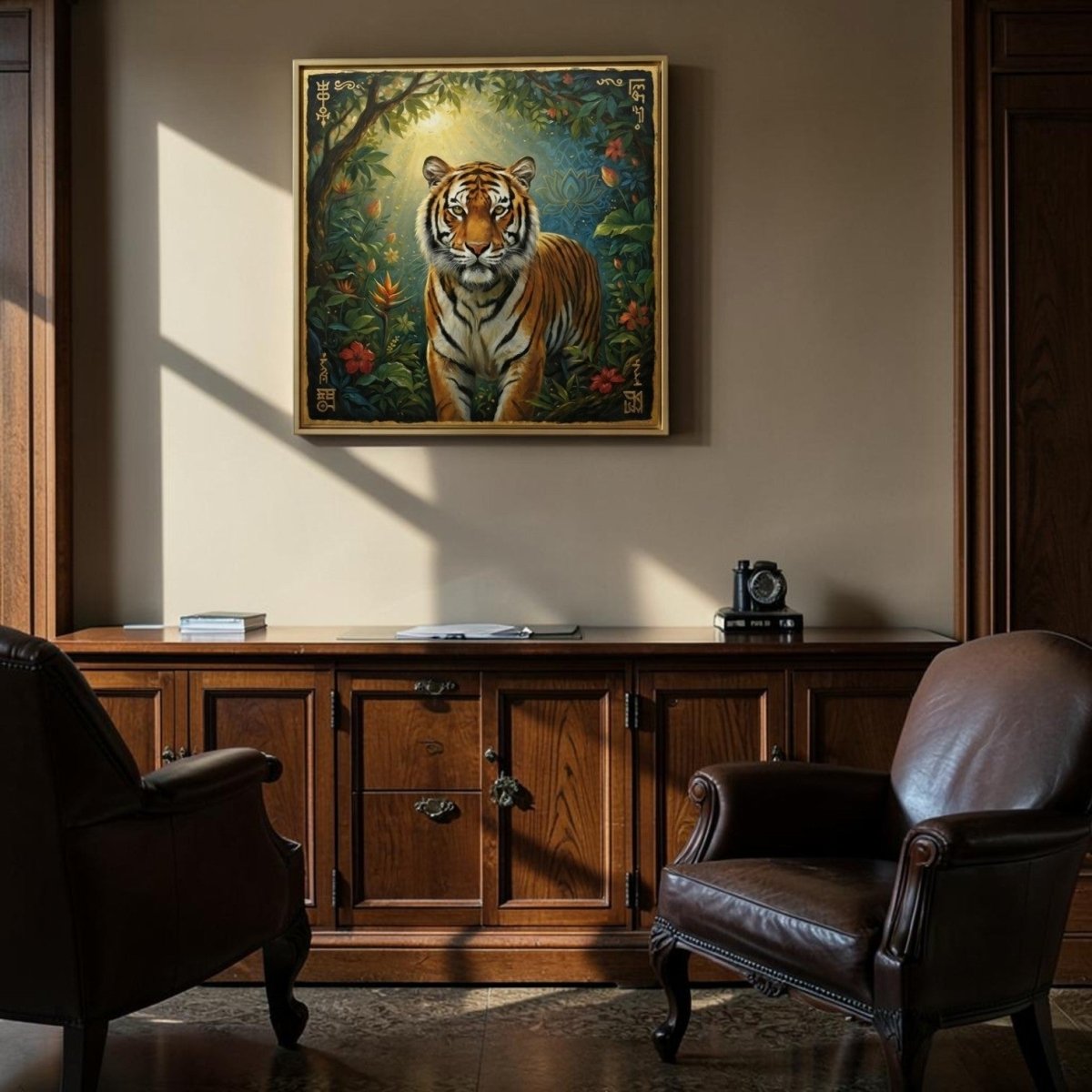 Solar Guardian: The Golden Tiger of the Sun - Kissed Forest (36 x 36 Inches )