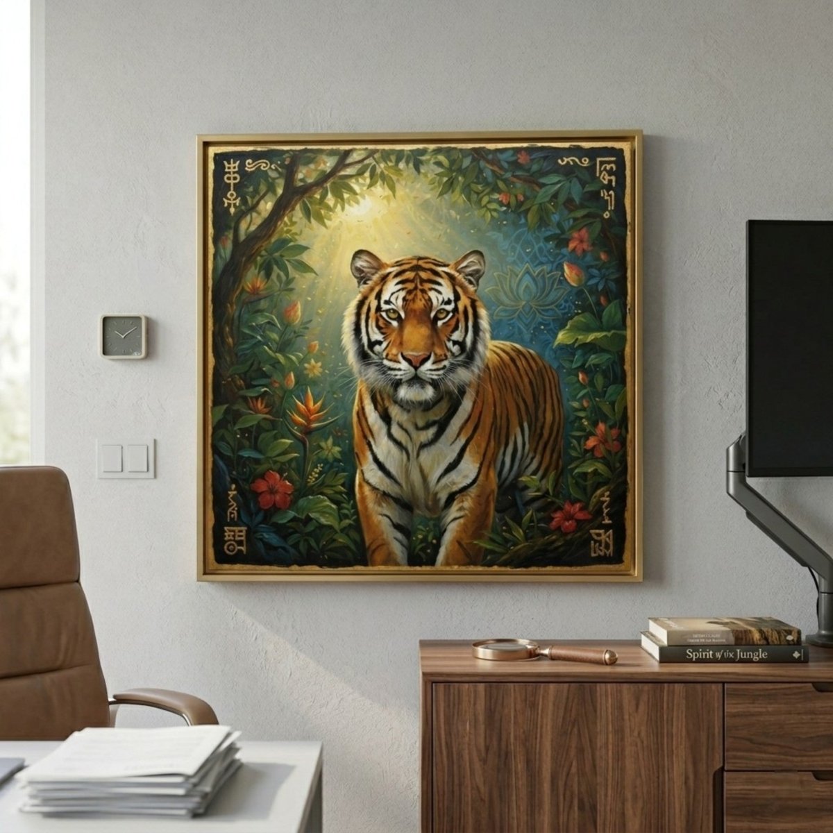 Solar Guardian: The Golden Tiger of the Sun - Kissed Forest (36 x 36 Inches )