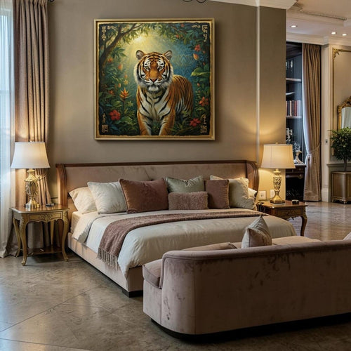 Solar Guardian: The Golden Tiger of the Sun - Kissed Forest (36 x 36 Inches )