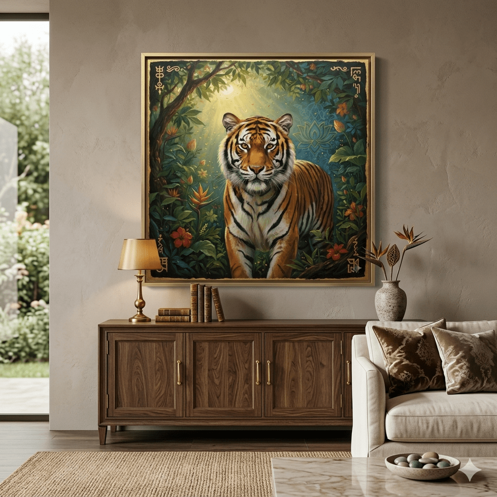 Solar Guardian: The Golden Tiger of the Sun - Kissed Forest (36 x 36 Inches )