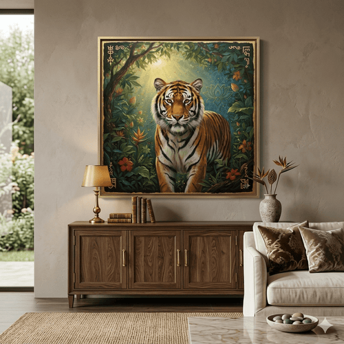 Solar Guardian: The Golden Tiger of the Sun - Kissed Forest (36 x 36 Inches )