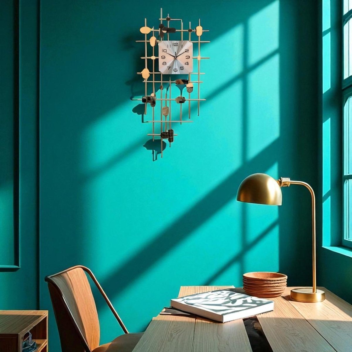 Sophisticated Artistic Wall Clock with Metallic Grid and Abstract Elements (39.9 x 19.6 Inches)