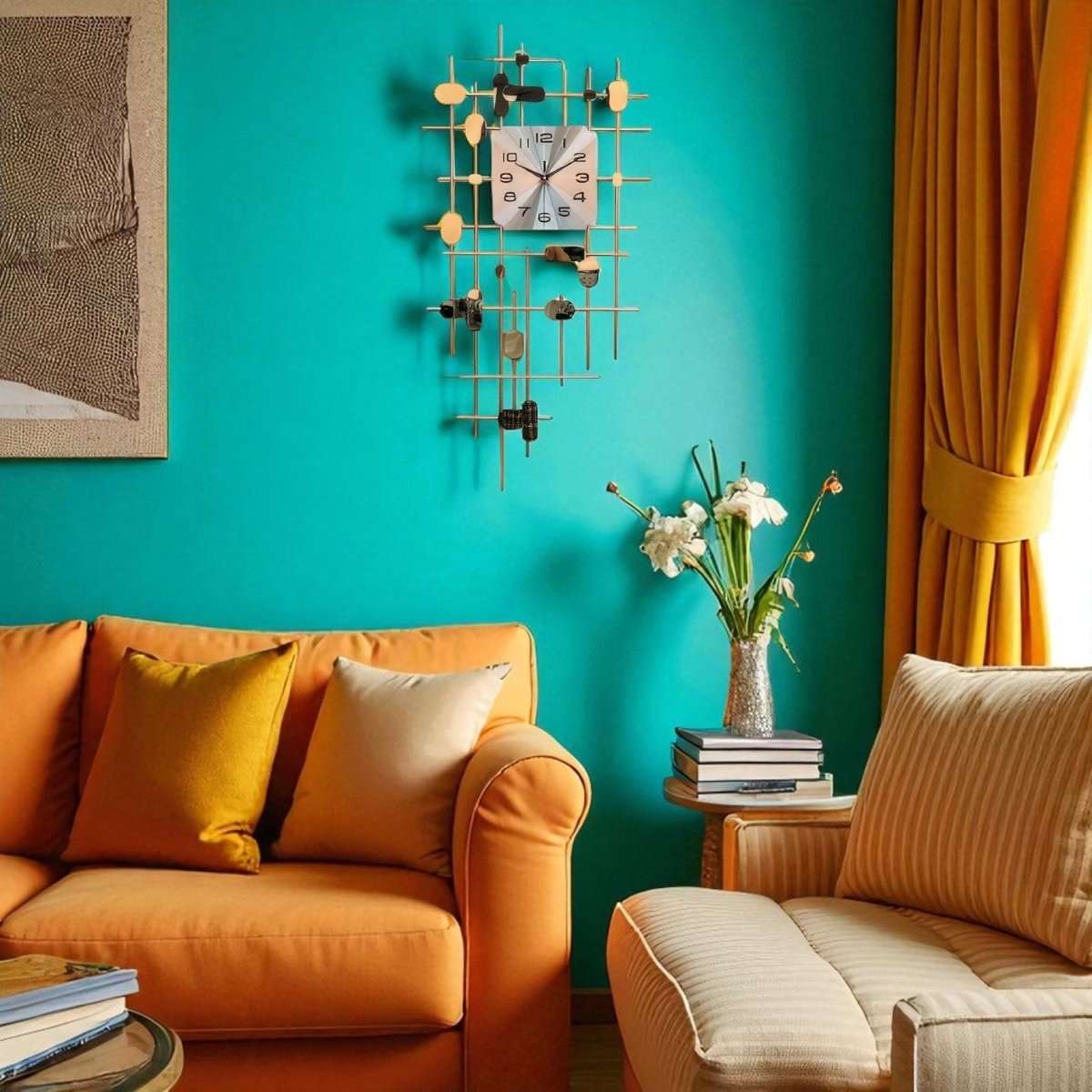 Sophisticated Artistic Wall Clock with Metallic Grid and Abstract Elements (39.9 x 19.6 Inches)