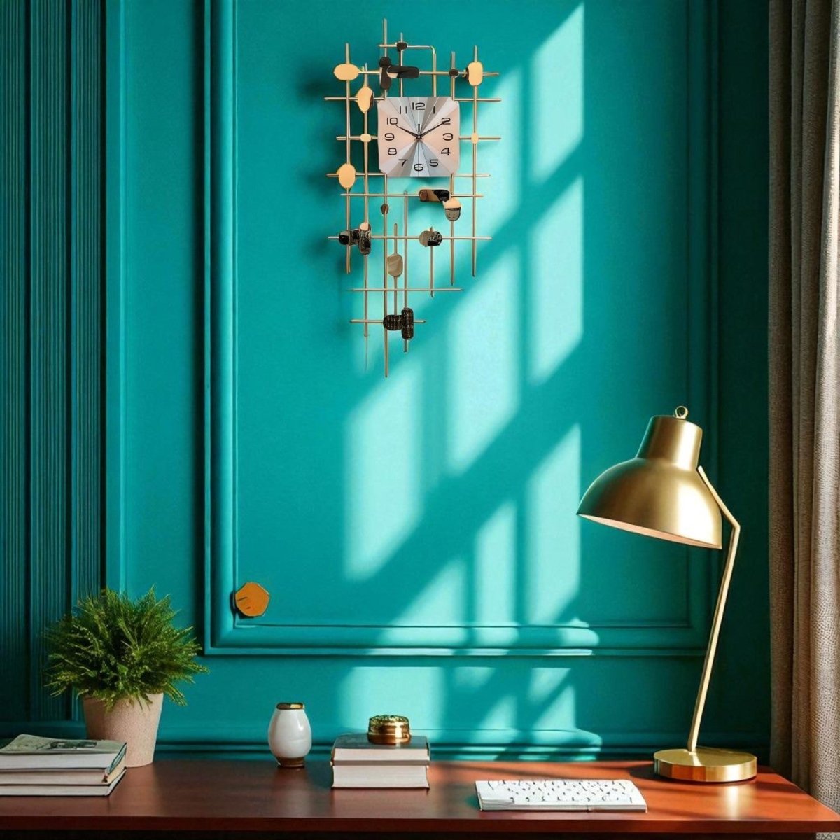 Sophisticated Artistic Wall Clock with Metallic Grid and Abstract Elements (39.9 x 19.6 Inches)