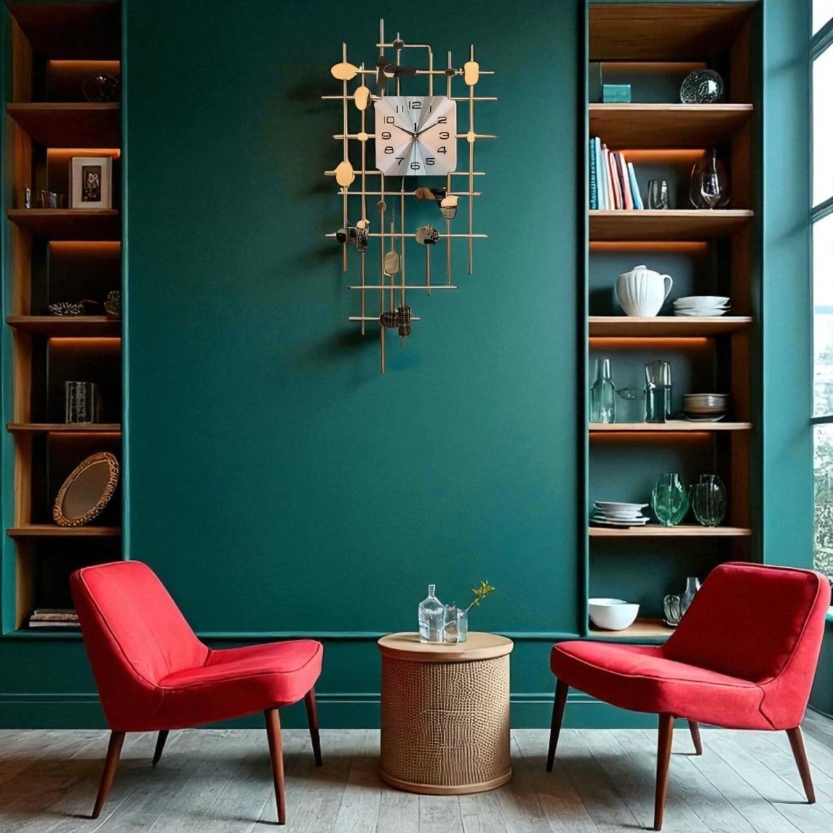 Sophisticated Artistic Wall Clock with Metallic Grid and Abstract Elements (39.9 x 19.6 Inches)