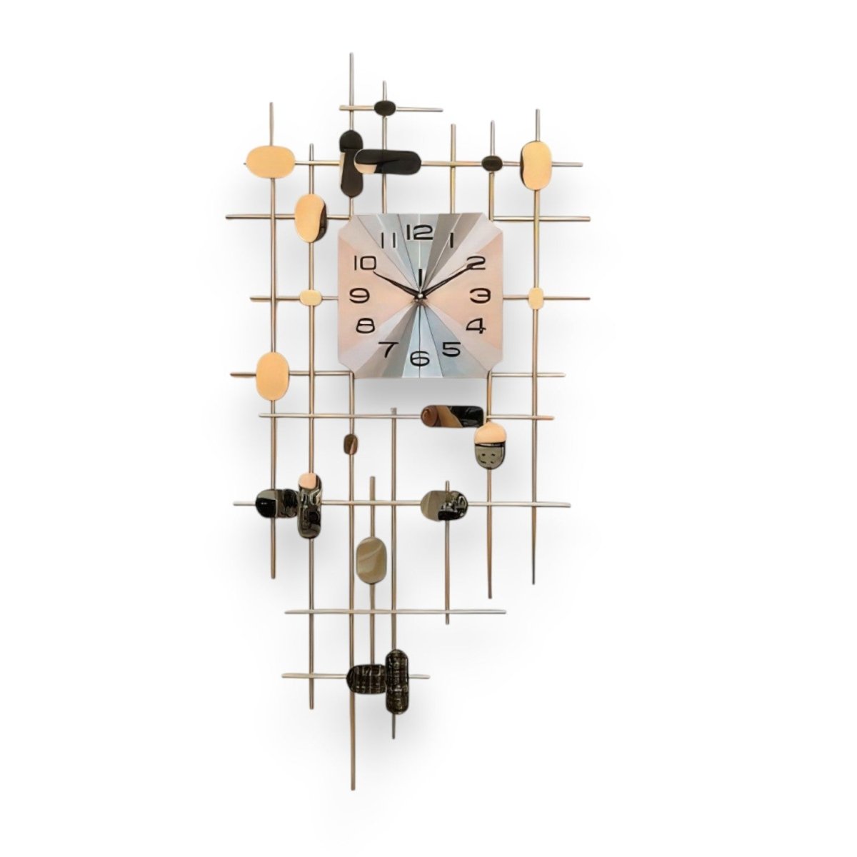 Sophisticated Artistic Wall Clock with Metallic Grid and Abstract Elements (39.9 x 19.6 Inches)