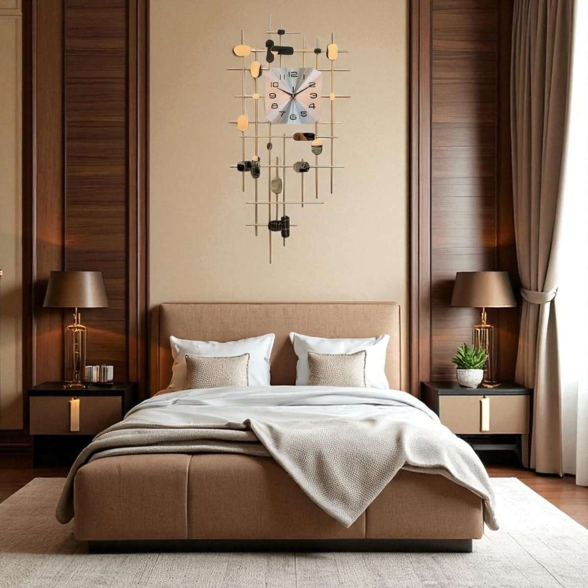 Sophisticated Artistic Wall Clock with Metallic Grid and Abstract Elements (39.9 x 19.6 Inches)