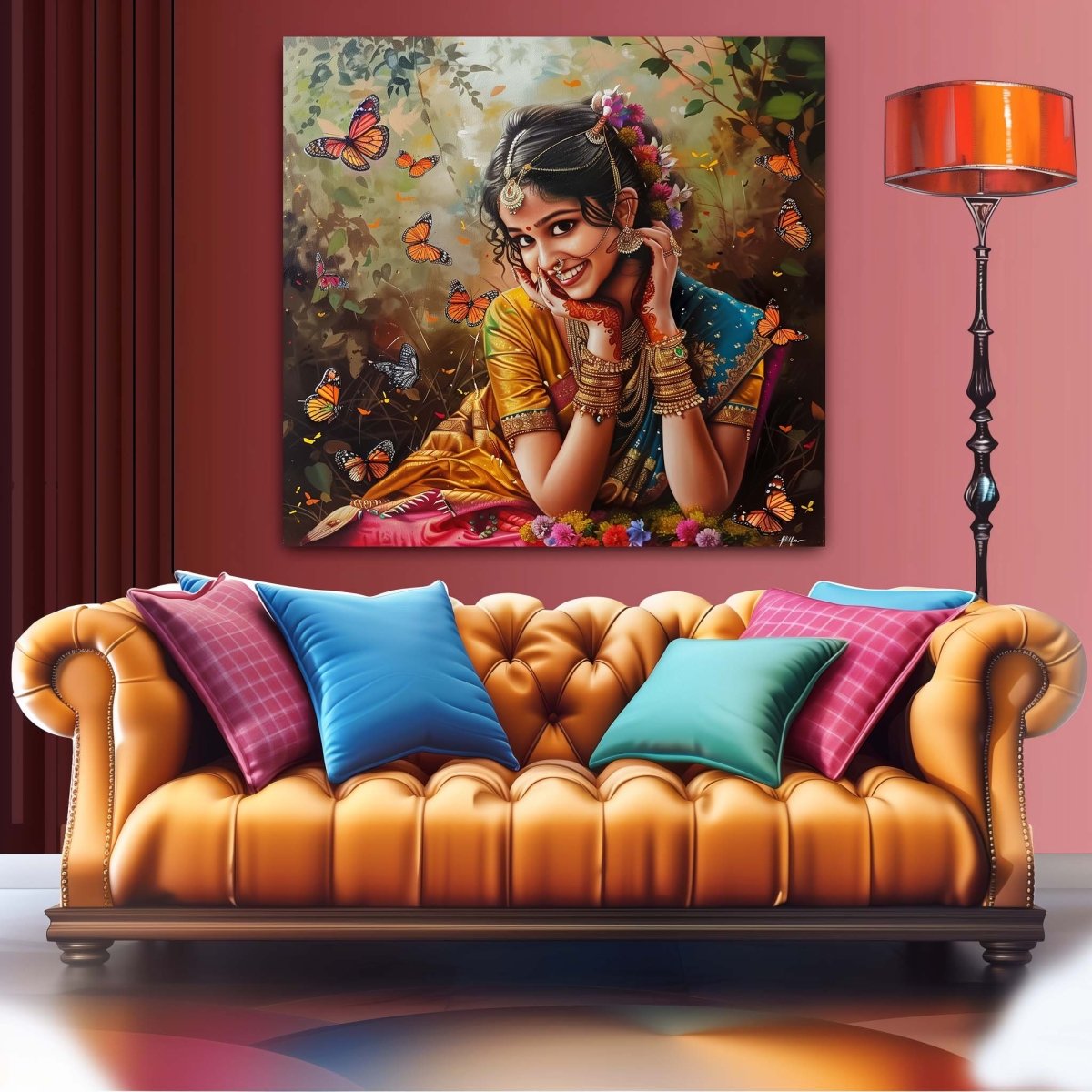 South Indian Sunshine & Butterflies Canvas Wall Painting (36 x 36 Inches)