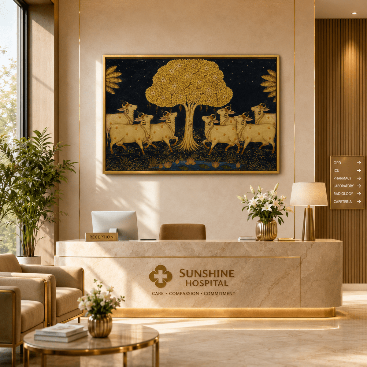 Starry Night in Vrindavan: Golden Tree and Sacred Pichwai Cows Art (36 x 24 Inches)