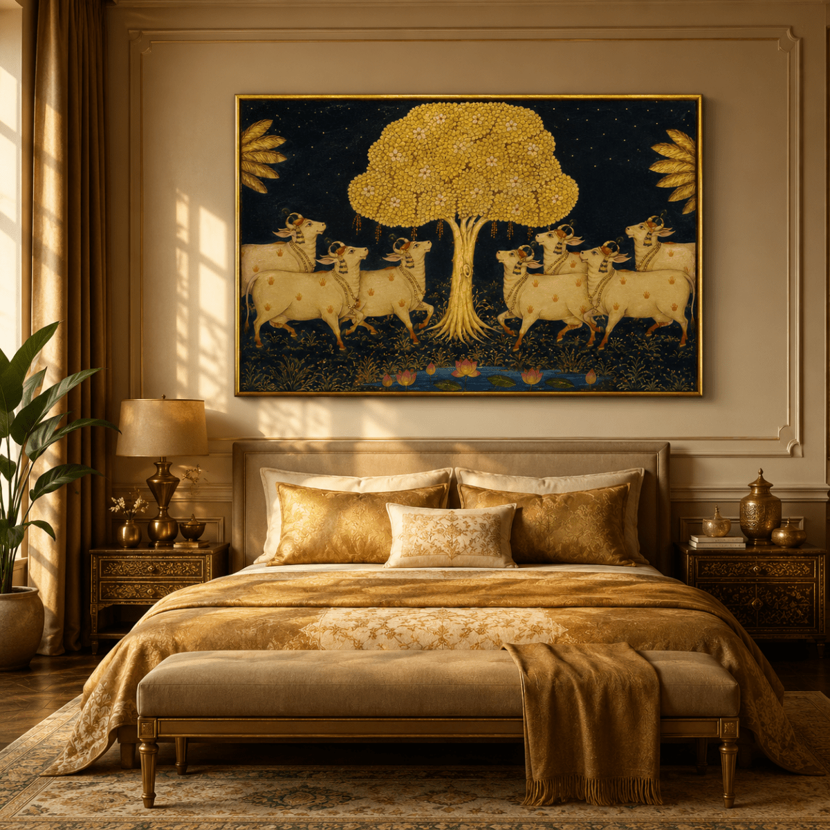 Starry Night in Vrindavan: Golden Tree and Sacred Pichwai Cows Art (36 x 24 Inches)