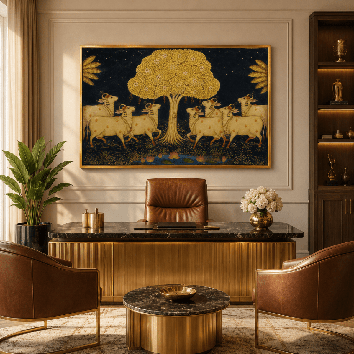 Starry Night in Vrindavan: Golden Tree and Sacred Pichwai Cows Art (36 x 24 Inches)