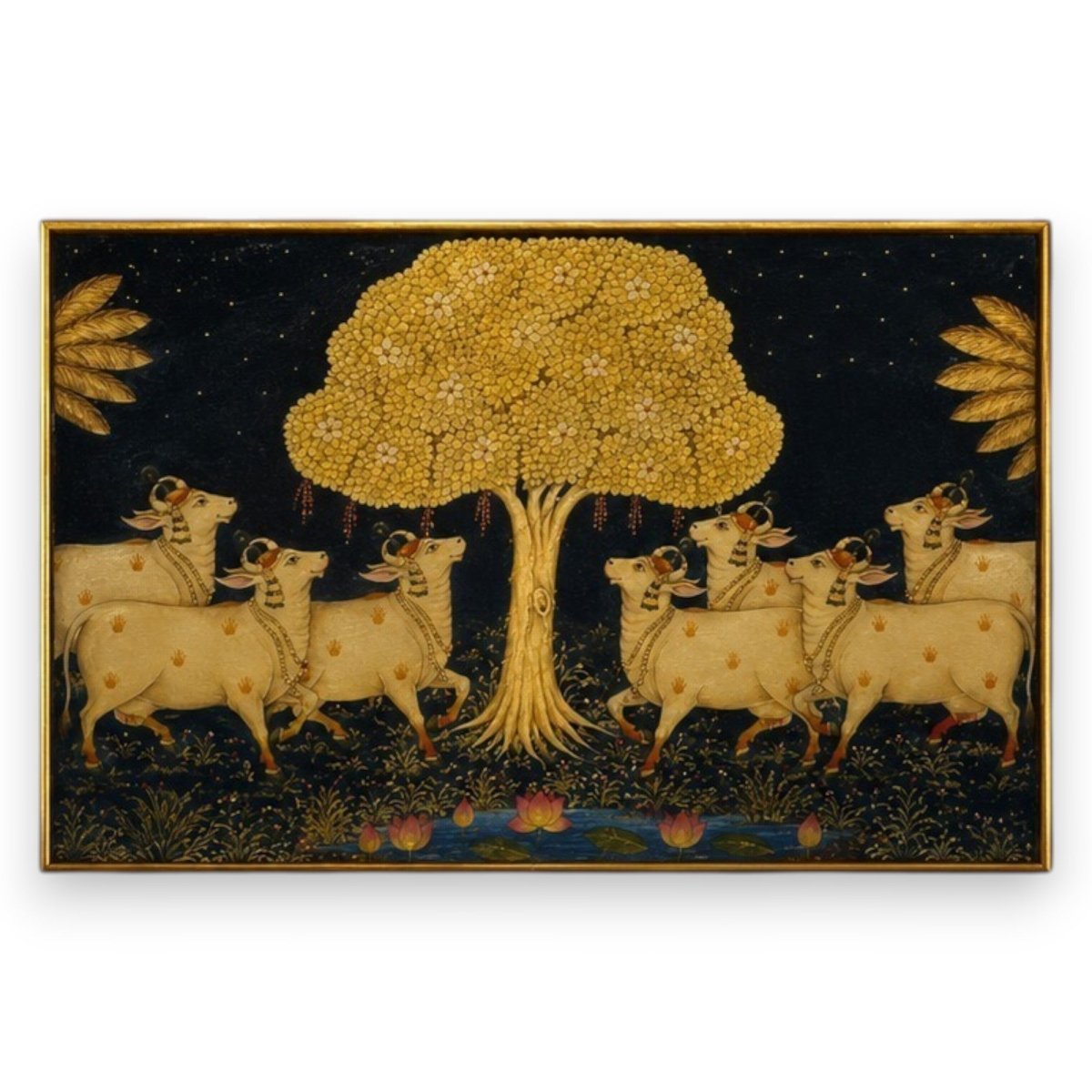 Starry Night in Vrindavan: Golden Tree and Sacred Pichwai Cows Art (36 x 24 Inches)