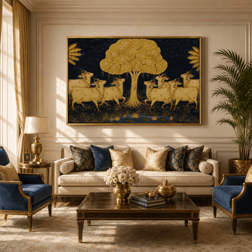 Starry Night in Vrindavan: Golden Tree and Sacred Pichwai Cows Art (36 x 24 Inches)
