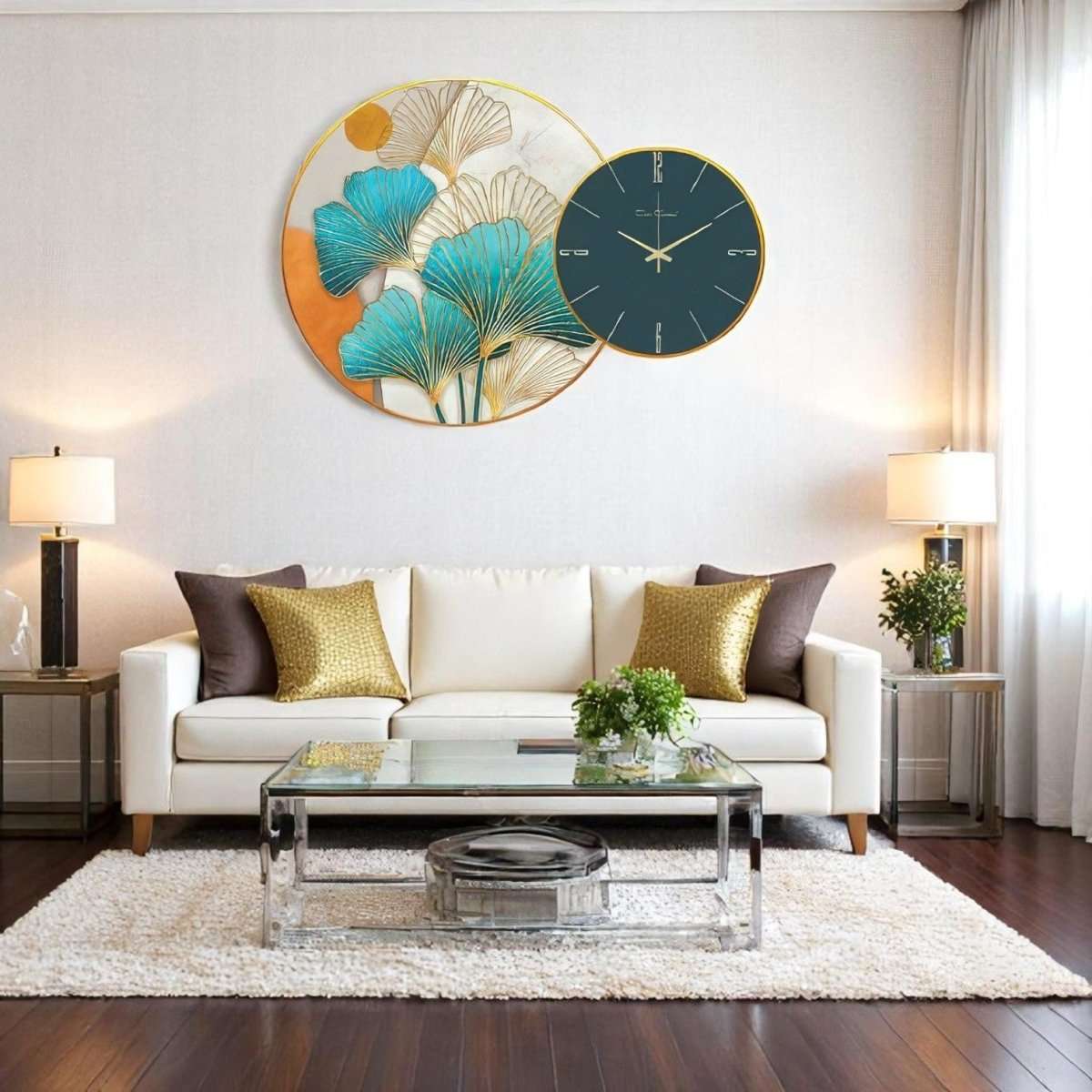 Teal & Gold Ginkgo Timepiece Art (50 X 50 CM )