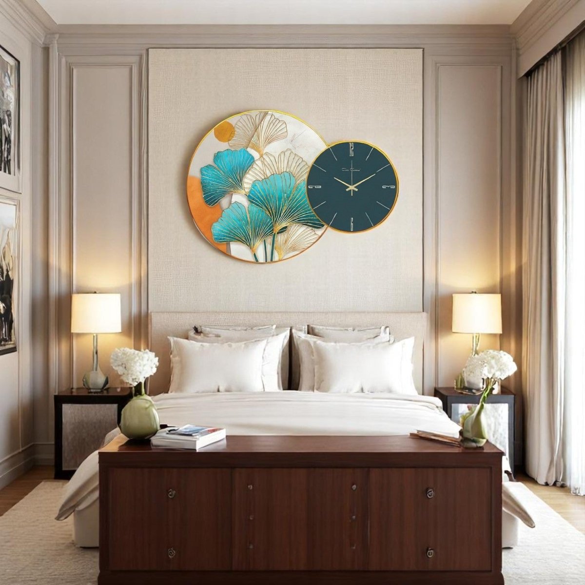 Teal & Gold Ginkgo Timepiece Art (50 X 50 CM )