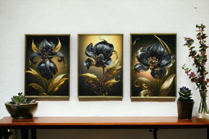 The Black & Gold Opulence Crystal Glass Painting Set of 3 (150 x 70 Cm)