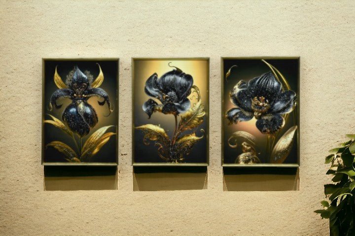 The Black & Gold Opulence Crystal Glass Painting Set of 3 (150 x 70 Cm)