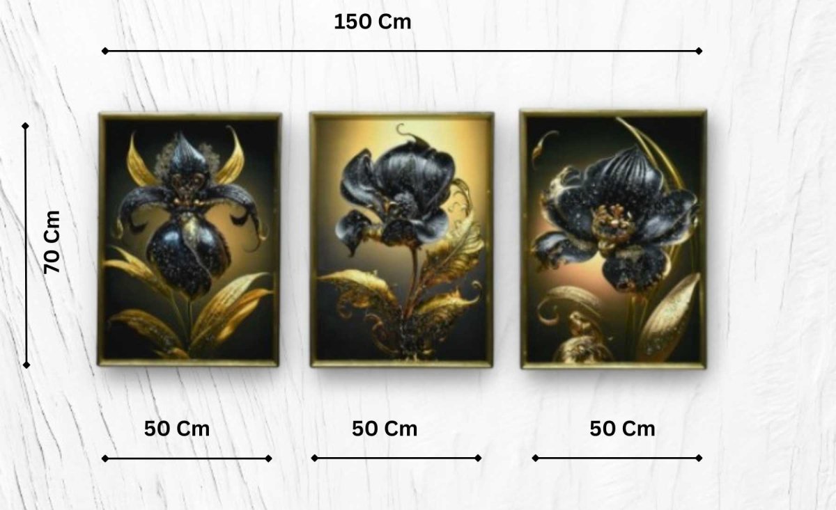 The Black & Gold Opulence Crystal Glass Painting Set of 3 (150 x 70 Cm)