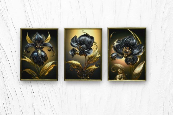 The Black & Gold Opulence Crystal Glass Painting Set of 3 (150 x 70 Cm)