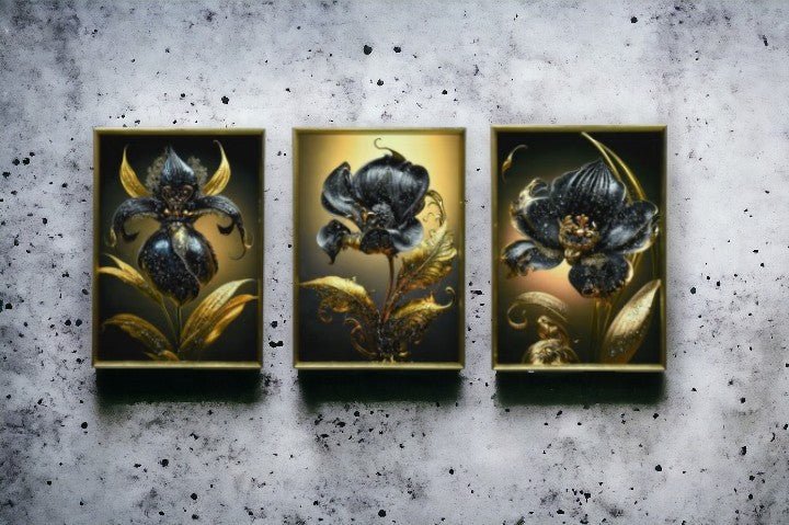 The Black & Gold Opulence Crystal Glass Painting Set of 3 (150 x 70 Cm)