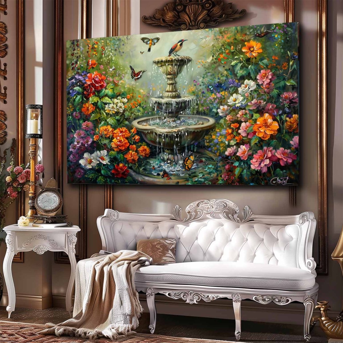 The Butterfly Ballet by the Fountain Canvas Wall Painting (36 x 24 Inches)