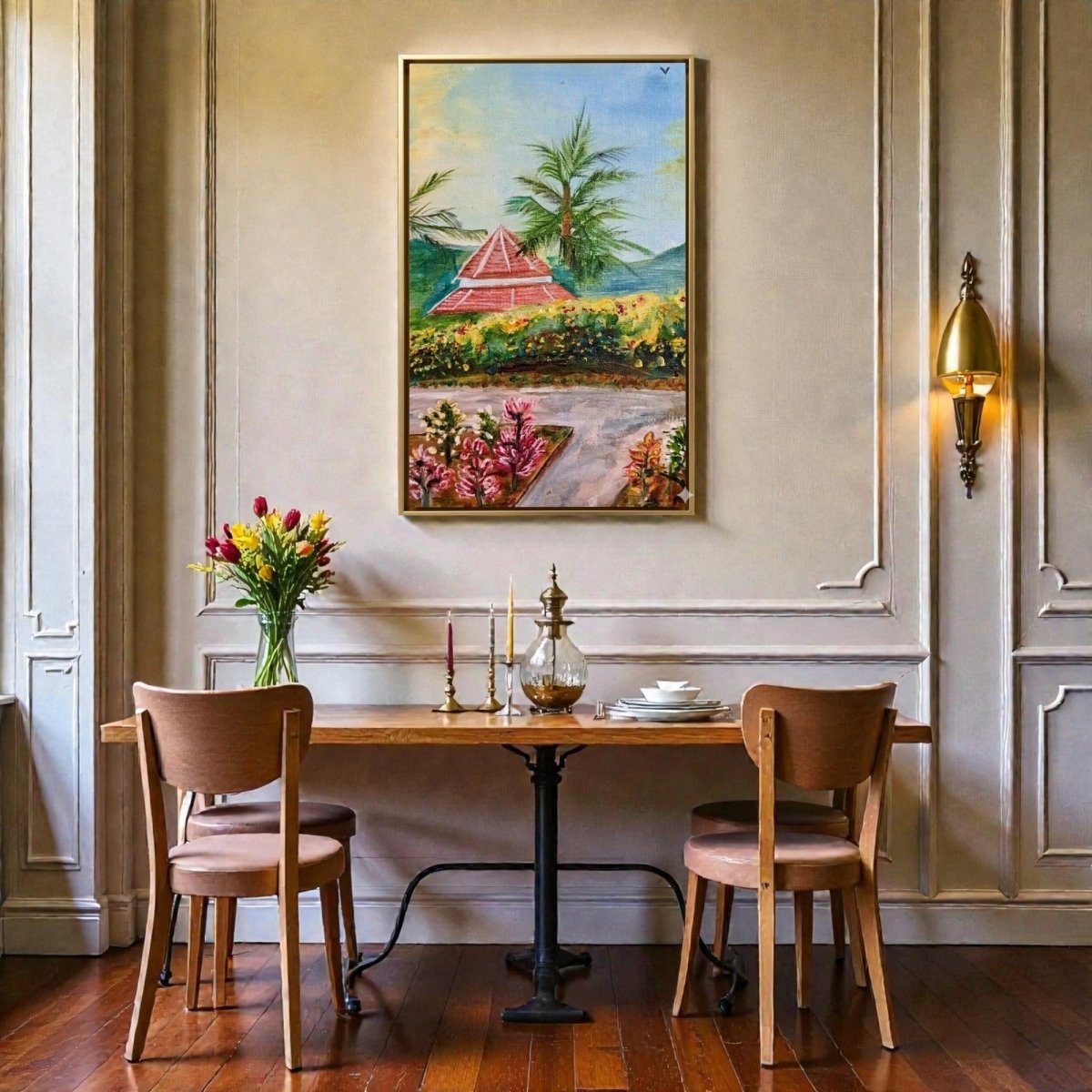 The Crimson Canopy: Red - Roofed Villa in a Botanical Garden (24 x 36 Inches)