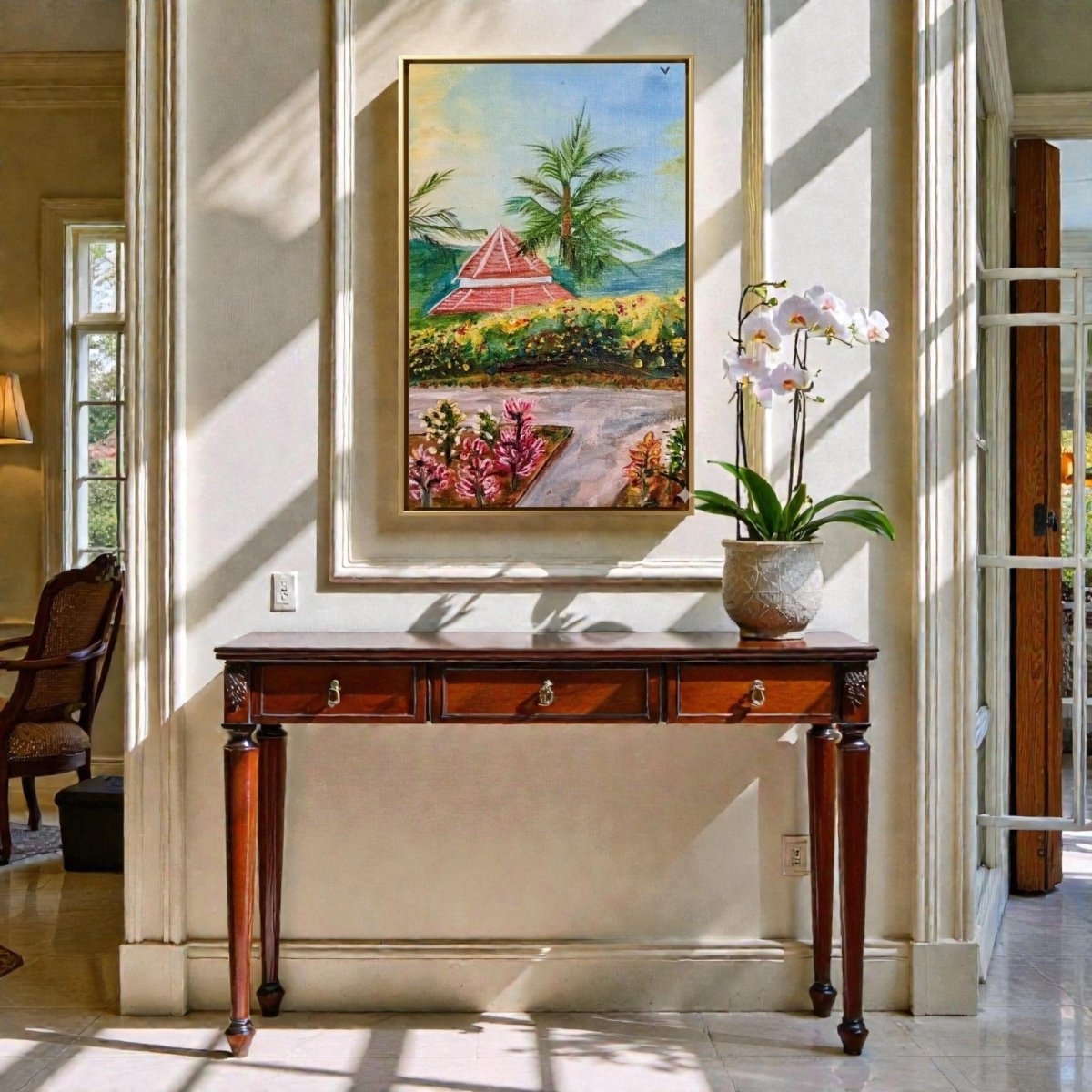 The Crimson Canopy: Red - Roofed Villa in a Botanical Garden (24 x 36 Inches)