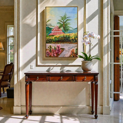 The Crimson Canopy: Red - Roofed Villa in a Botanical Garden (24 x 36 Inches)