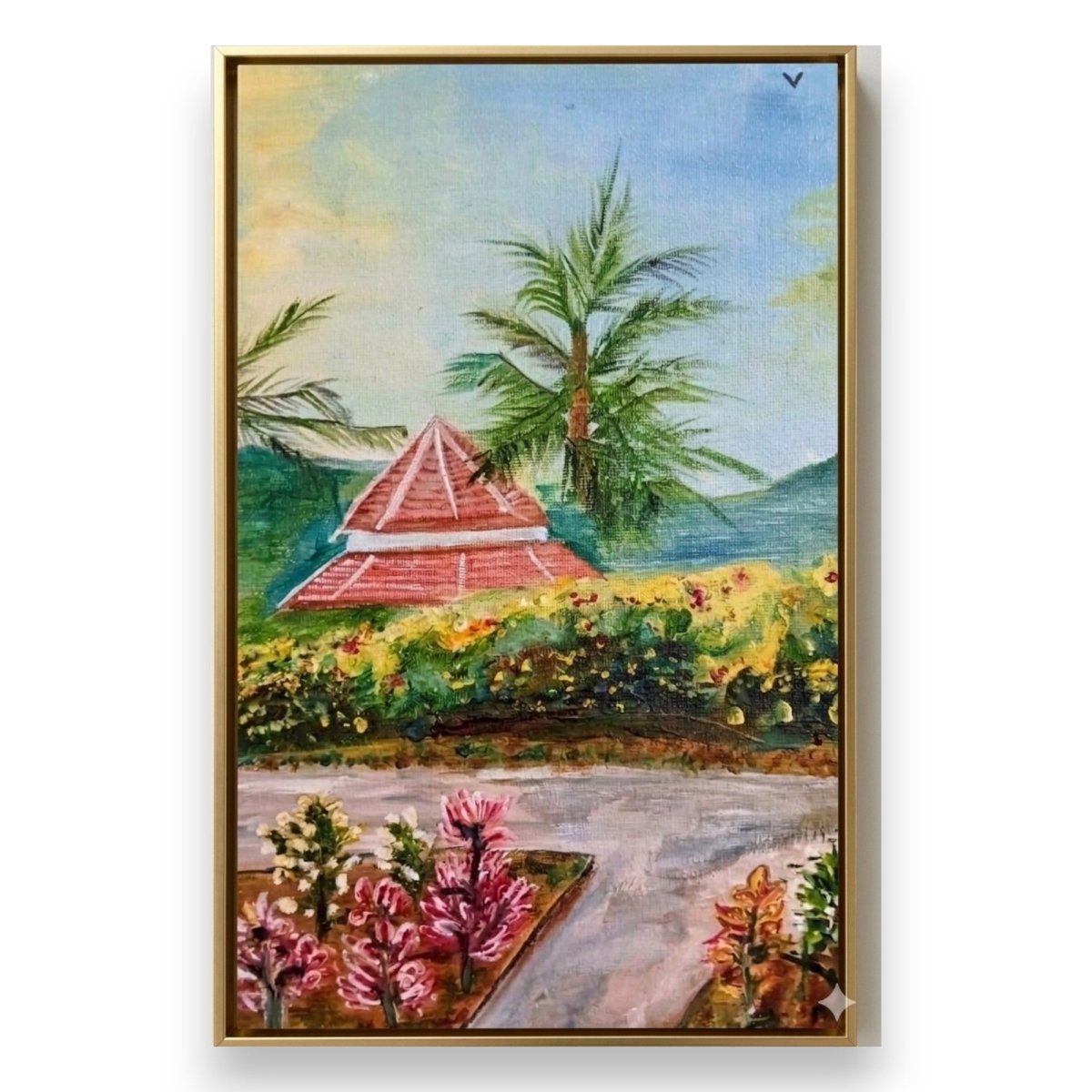 The Crimson Canopy: Red - Roofed Villa in a Botanical Garden (24 x 36 Inches)
