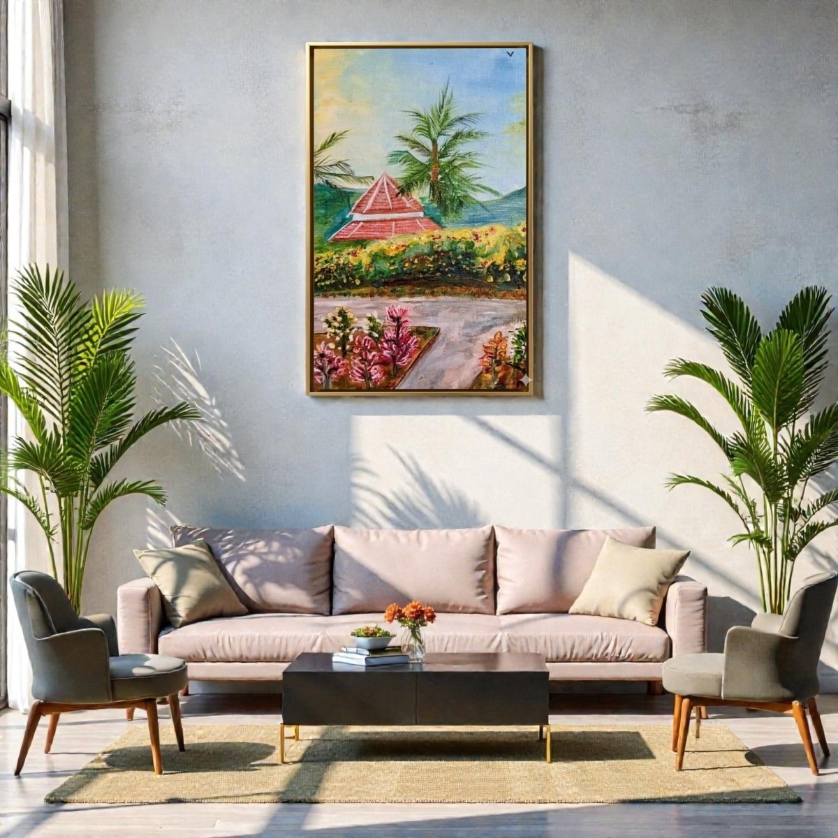 The Crimson Canopy: Red - Roofed Villa in a Botanical Garden (24 x 36 Inches)