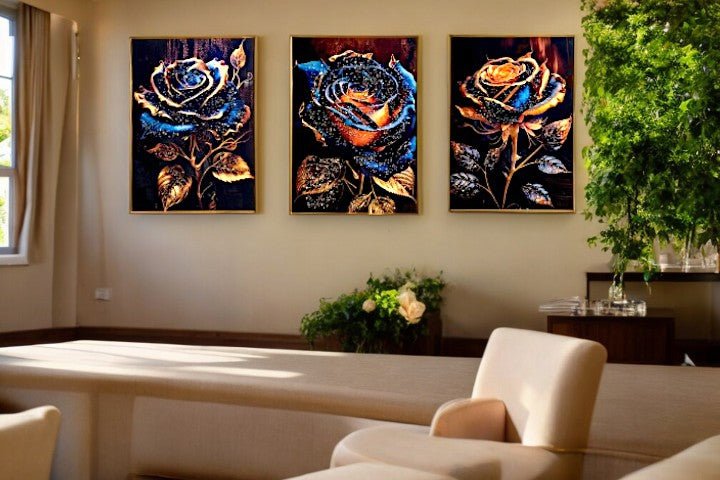 The Crystaline Roses Crystal Glass Painting Set of 3 (150 x 70 Cm)