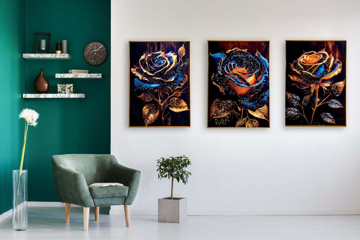 The Crystaline Roses Crystal Glass Painting Set of 3 (150 x 70 Cm)