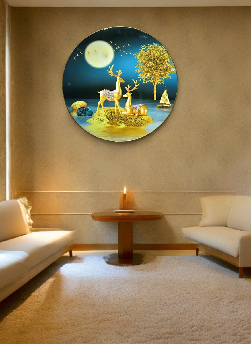 The Deer in the Moon Crystal Glass Painting (60 x 60 Cm)