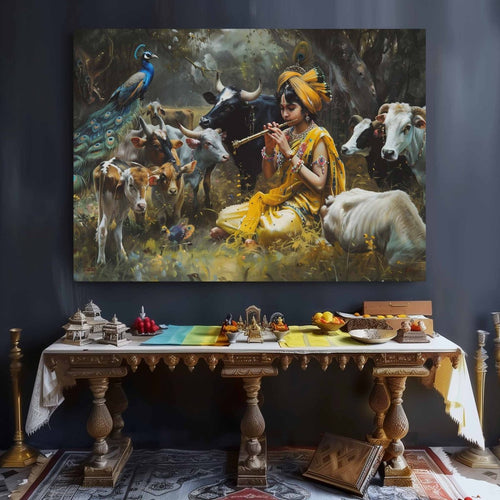 The Divine Cowherd : Krishna Canvas Wall Painting (36 x 24 Inches)