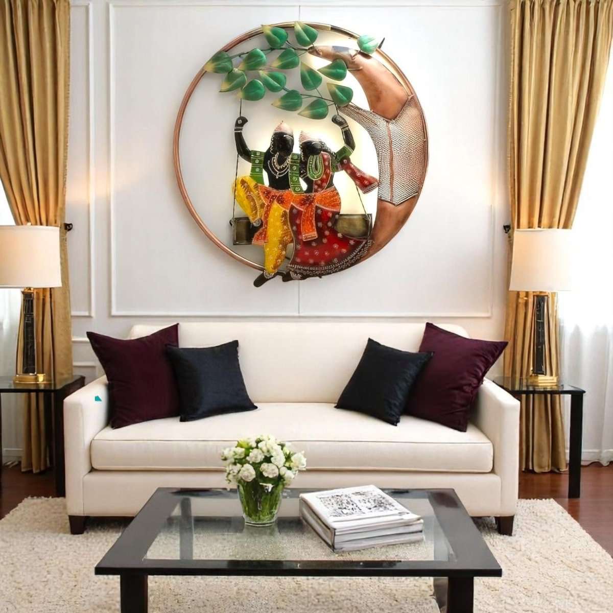 The Divine Swing: Radha Krishna's Circular Embrace (24 x 24 Inches)