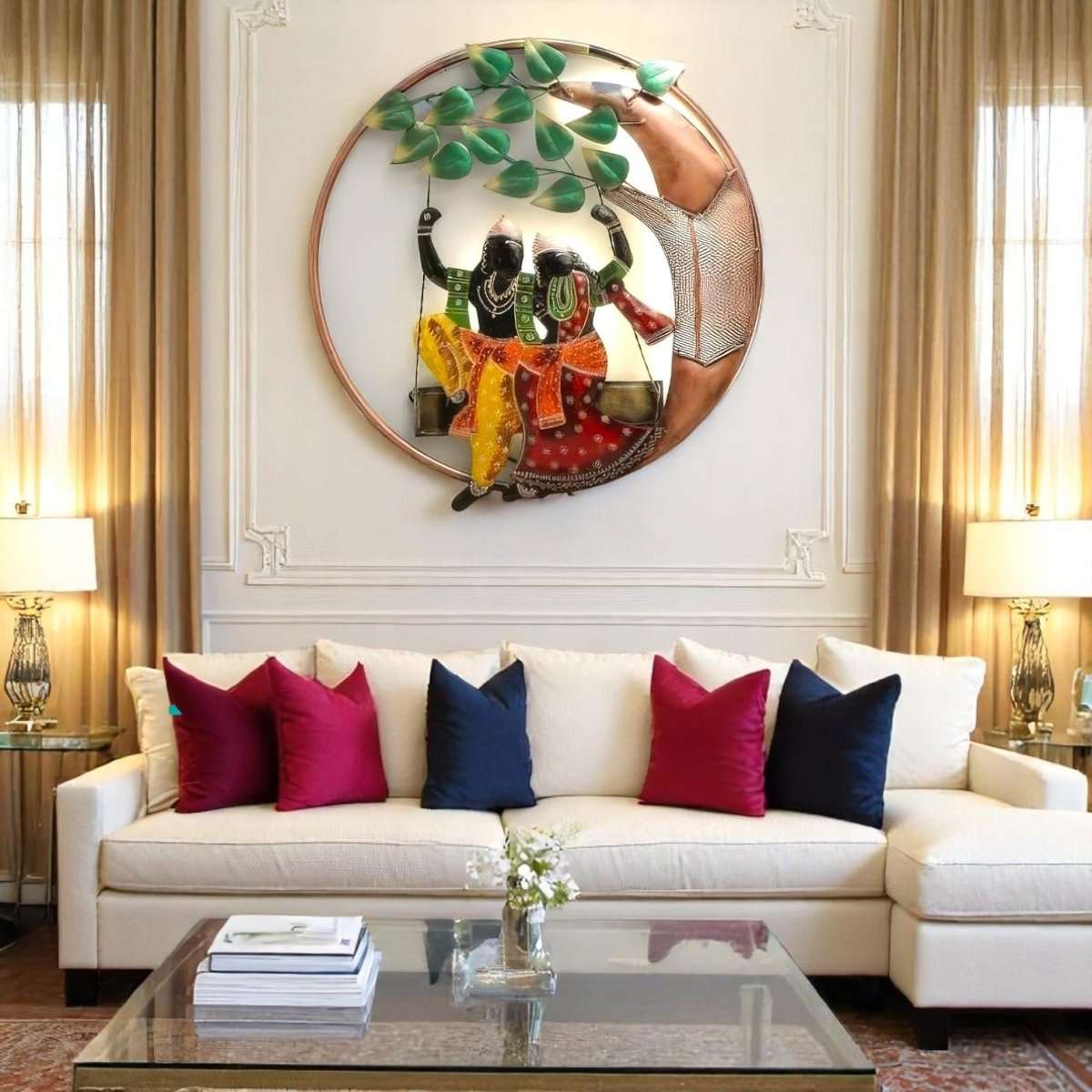 The Divine Swing: Radha Krishna's Circular Embrace (24 x 24 Inches)