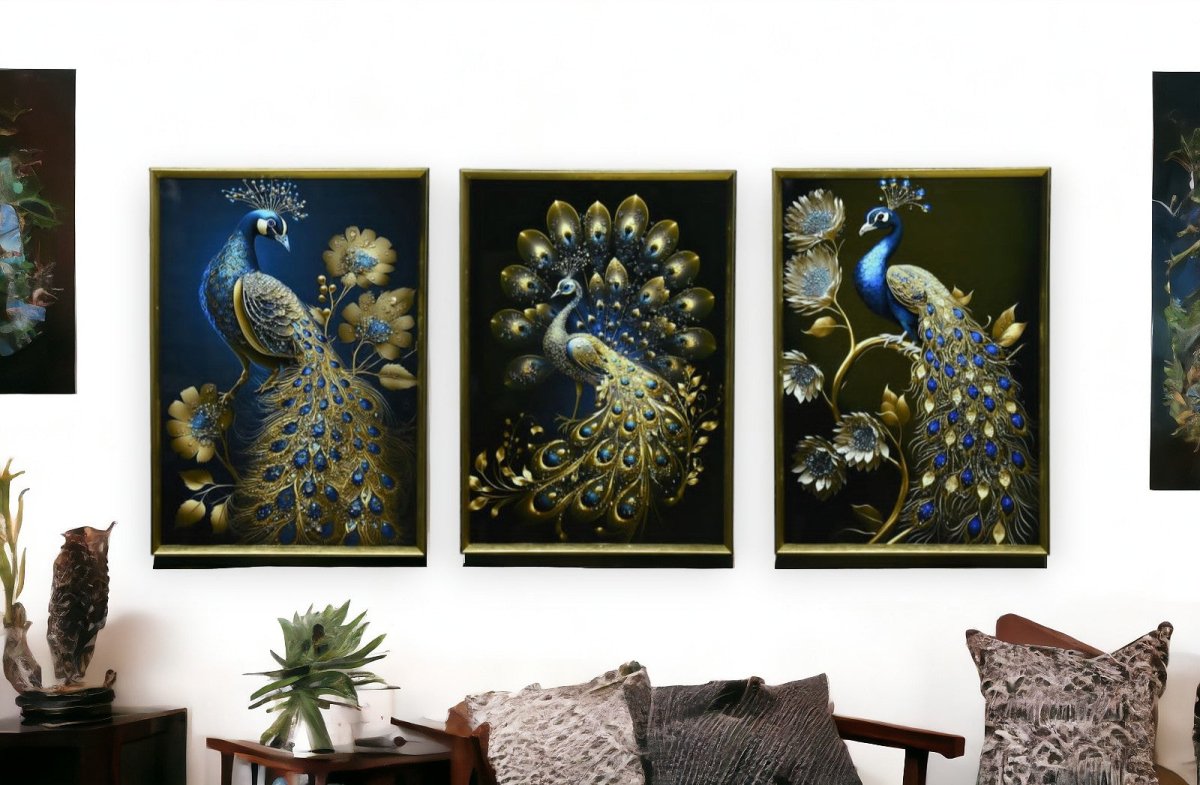 The Emerald Plume Panoply Crystal Glass Painting Set of 3 (150 x 70 Cm )