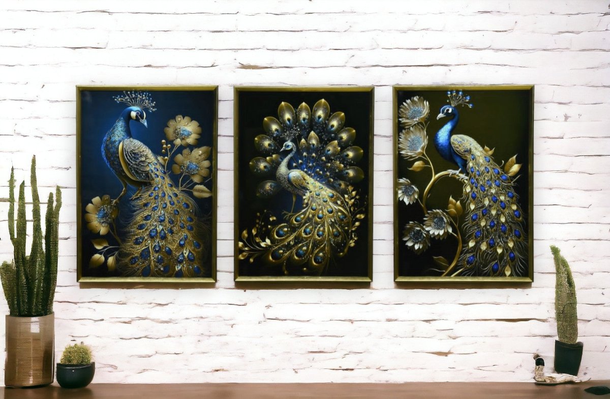 The Emerald Plume Panoply Crystal Glass Painting Set of 3 (150 x 70 Cm )