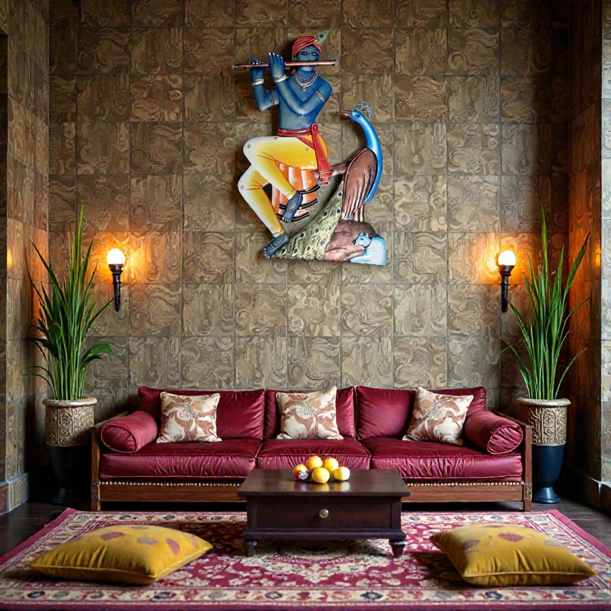 The Eternal Gopa: Handcrafted Krishna with Peacock & Cow Metal Art (28 x 24 Inches)